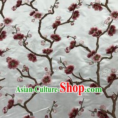 Asian Chinese Suzhou Embroidered Wintersweet Pattern White Silk Fabric Material Traditional Cheongsam Brocade Fabric