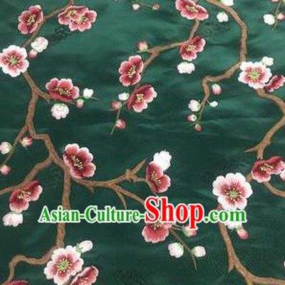 Asian Chinese Suzhou Embroidered Wintersweet Pattern Green Silk Fabric Material Traditional Cheongsam Brocade Fabric