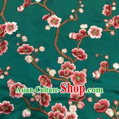 Asian Chinese Suzhou Embroidered Wintersweet Pattern Deep Green Silk Fabric Material Traditional Cheongsam Brocade Fabric