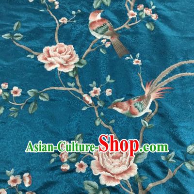 Asian Chinese Royal Embroidered Peony Birds Pattern Green Brocade Fabric Traditional Cheongsam Silk Fabric Material