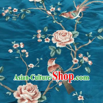 Asian Chinese Royal Embroidered Peony Birds Pattern Blue Brocade Fabric Traditional Cheongsam Silk Fabric Material