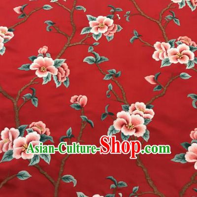 Asian Chinese Suzhou Embroidered Twine Peach Blossom Pattern Red Silk Fabric Material Traditional Cheongsam Brocade Fabric