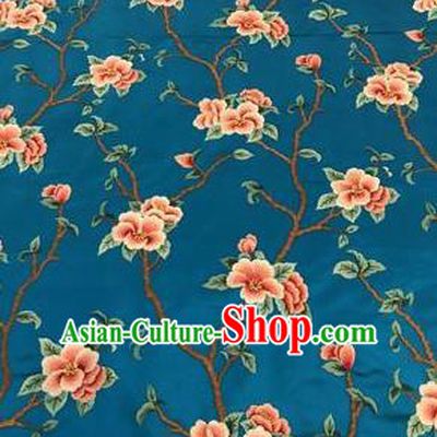 Asian Chinese Suzhou Embroidered Twine Peach Blossom Pattern Lake Blue Silk Fabric Material Traditional Cheongsam Brocade Fabric