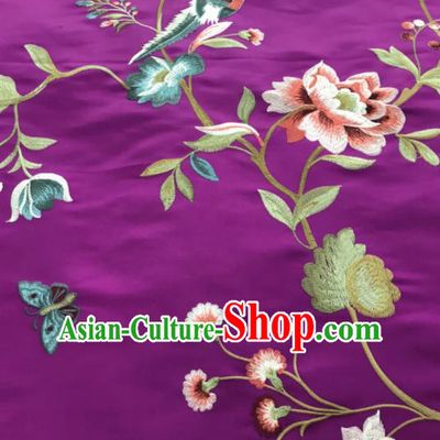 Asian Chinese Suzhou Embroidered Peony Birds Pattern Purple Silk Fabric Material Traditional Cheongsam Brocade Fabric