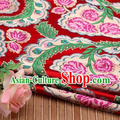 Asian Chinese Traditional Red Satin Peony Pattern Nanjing Brocade Fabric Tang Suit Silk Material