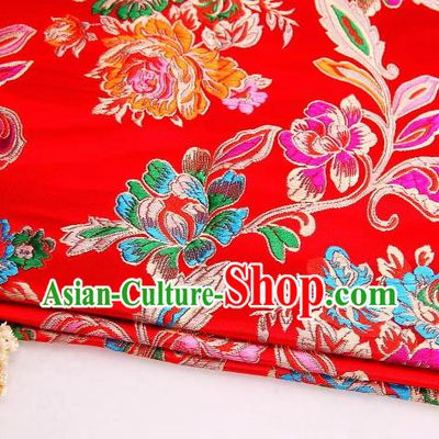 Asian Chinese Traditional Satin Royal Peony Pattern Red Nanjing Brocade Fabric Tang Suit Silk Material