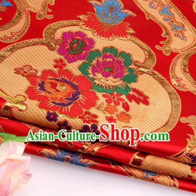 Asian Chinese Traditional Royal Peony Pattern Red Satin Nanjing Brocade Fabric Tang Suit Silk Material