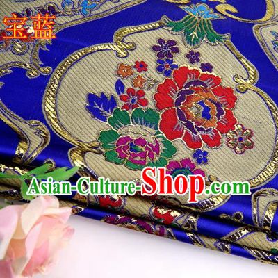 Asian Chinese Traditional Royal Peony Pattern Royalblue Satin Nanjing Brocade Fabric Tang Suit Silk Material