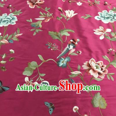 Asian Chinese Suzhou Embroidered Peony Birds Pattern Rosy Silk Fabric Material Traditional Cheongsam Brocade Fabric