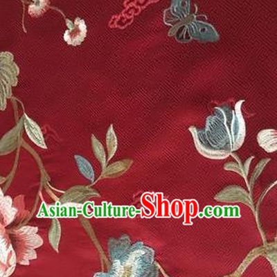 Asian Chinese Suzhou Embroidered Twine Peony Pattern Wine Red Silk Fabric Material Traditional Cheongsam Brocade Fabric