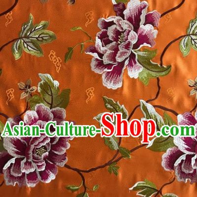 Asian Chinese Traditional Cheongsam Orange Brocade Fabric Suzhou Embroidered Peony Pattern Silk Fabric Material