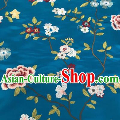 Asian Chinese Traditional Cheongsam Embroidered Flowers Pattern Blue Brocade Fabric Suzhou Silk Fabric Material