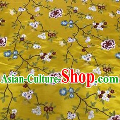 Asian Chinese Traditional Cheongsam Embroidered Flowers Pattern Yellow Brocade Fabric Suzhou Silk Fabric Material