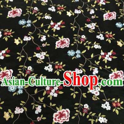 Asian Chinese Traditional Cheongsam Embroidered Flowers Pattern Black Brocade Fabric Suzhou Silk Fabric Material