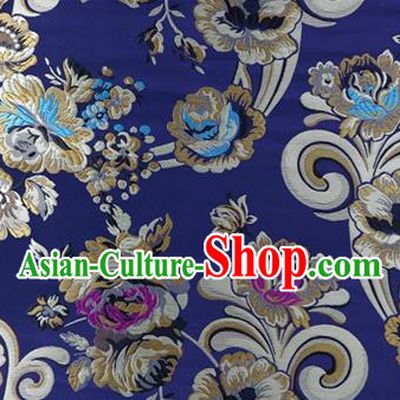 Asian Chinese Traditional Tang Suit Royal Flowers Pattern Navy Nanjing Brocade Fabric Silk Fabric Material