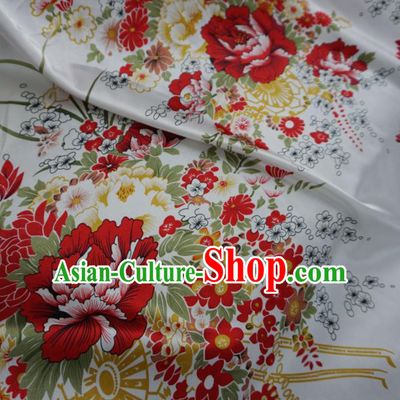 Asian Chinese Printing Peony White Brocade Traditional Cheongsam Satin Fabric Tang Suit Silk Material