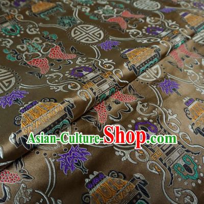 Asian Chinese Classical Fishes Design Pattern Brown Brocade Traditional Cheongsam Satin Fabric Tang Suit Silk Material