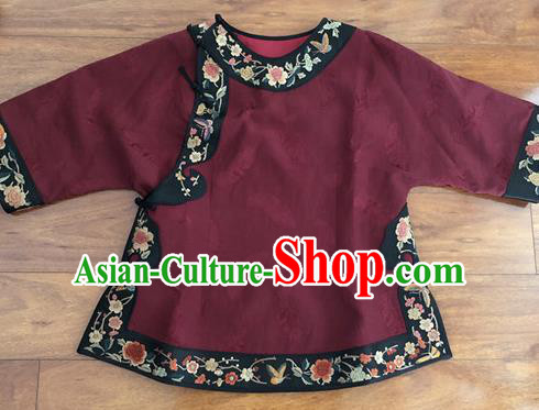 Chinese Traditional Embroidered Costume National Wine Red Silk Qipao Blouse for Women