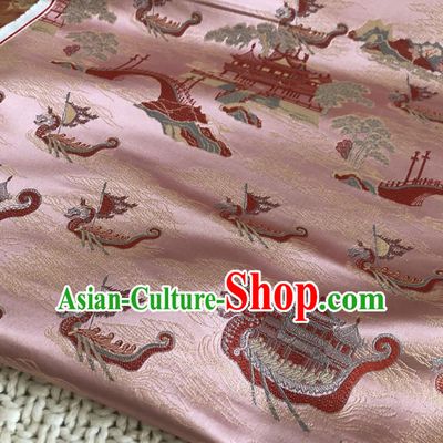 Asian Chinese Classical Dragon Boat Design Pattern Pink Brocade Traditional Cheongsam Satin Fabric Tang Suit Silk Material