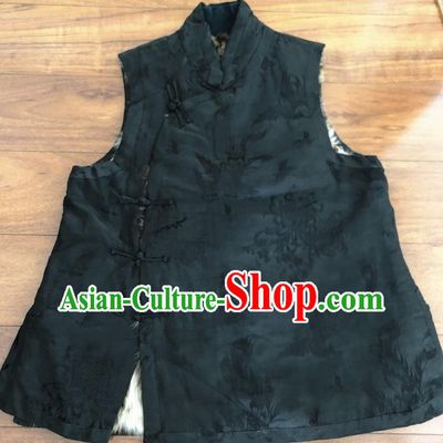 Chinese Traditional Costume Waistcoat National Black Cotton Padded Vest for Women