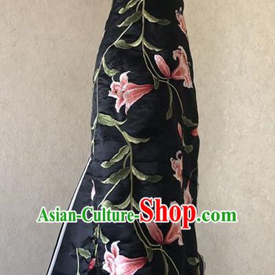 Asian Chinese Classical Lily Flowers Design Pattern Black Brocade Traditional Cheongsam Satin Fabric Tang Suit Silk Material