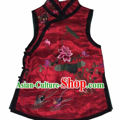 Chinese Traditional Embroidered Lotus Red Silk Qipao Vest National Costume Tang Suit Waistcoat for Women