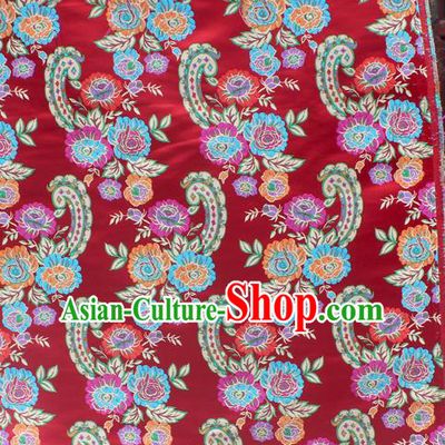 Asian Chinese Classical Flowers Pattern Red Nanjing Brocade Traditional Tibetan Robe Satin Fabric Silk Material