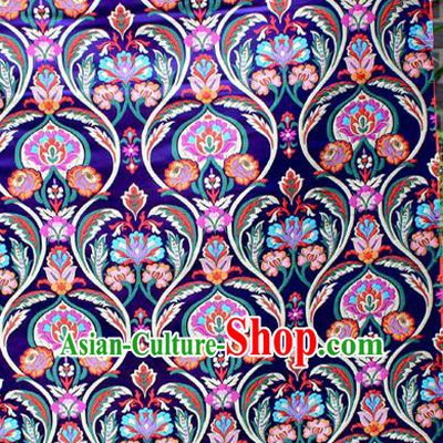 Asian Chinese Classical Tulip Flowers Pattern Royalblue Nanjing Brocade Traditional Tibetan Robe Satin Fabric Silk Material