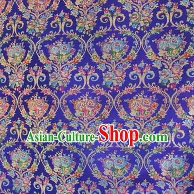 Asian Chinese Classical Flowers Vase Pattern Royalblue Nanjing Brocade Traditional Tibetan Robe Satin Fabric Silk Material