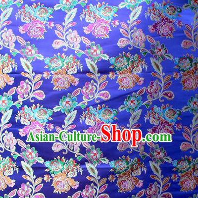 Asian Chinese Classical Peony Flowers Pattern Royalblue Nanjing Brocade Traditional Tibetan Robe Satin Fabric Silk Material