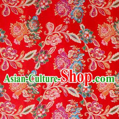 Asian Chinese Classical Peony Flowers Pattern Red Nanjing Brocade Traditional Tibetan Robe Satin Fabric Silk Material