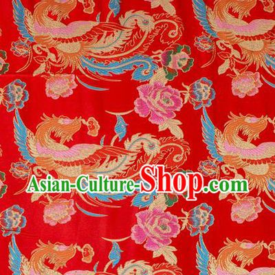 Asian Chinese Classical Phoenix Peony Pattern Red Nanjing Brocade Traditional Tibetan Robe Satin Fabric Silk Material
