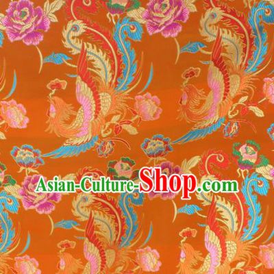Asian Chinese Classical Phoenix Peony Pattern Yellow Nanjing Brocade Traditional Tibetan Robe Satin Fabric Silk Material