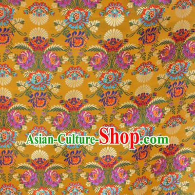 Asian Chinese Classical Flowers Pattern Yellow Nanjing Brocade Traditional Tibetan Robe Satin Fabric Silk Material