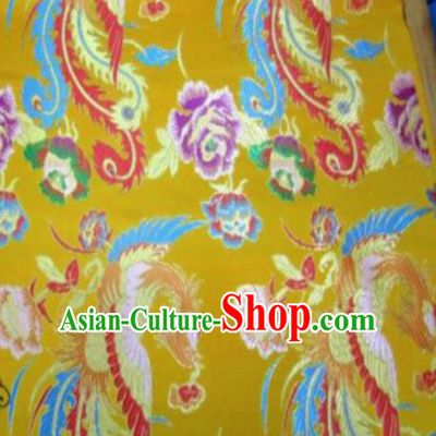 Asian Chinese Classical Phoenix Peony Pattern Yellow Brocade Traditional Tibetan Robe Satin Fabric Silk Material