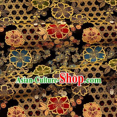 Asian Traditional Classical Sakura Pattern Nishijin Black Brocade Fabric Japanese Kimono Satin Silk Material