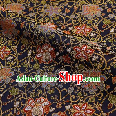Asian Traditional Classical Flowers Pattern Nishijin Navy Brocade Fabric Japanese Kimono Satin Silk Material