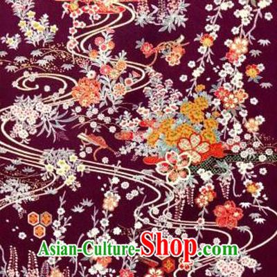 Asian Traditional Classical Orchid Pattern Purple Tapestry Satin Nishijin Brocade Fabric Japanese Kimono Silk Material