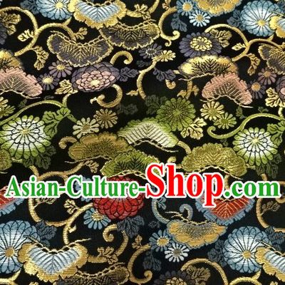 Asian Traditional Classical Chrysanthemum Pattern Black Tapestry Satin Nishijin Brocade Fabric Japanese Kimono Silk Material