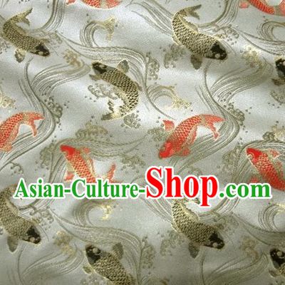 Asian Traditional Classical Carp Pattern White Tapestry Satin Nishijin Brocade Fabric Japanese Kimono Silk Material