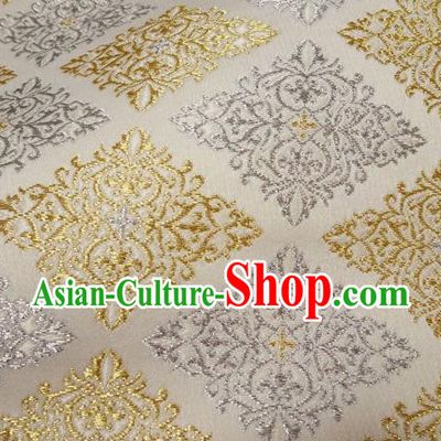 Asian Traditional Classical Pattern White Tapestry Satin Nishijin Brocade Fabric Japanese Kimono Silk Material