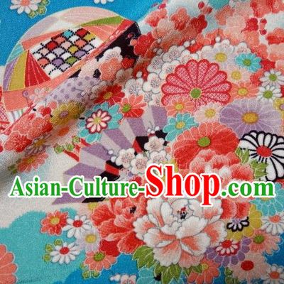 Asian Traditional Classical Peony Daisy Pattern Blue Tapestry Satin Nishijin Brocade Fabric Japanese Kimono Silk Material