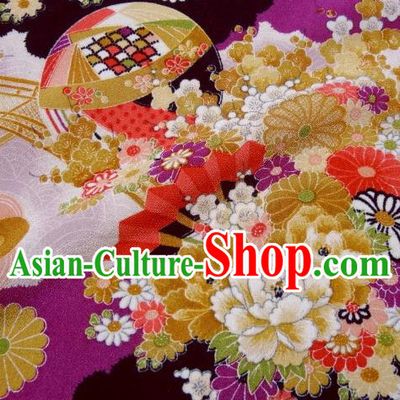 Asian Traditional Classical Peony Daisy Pattern Purple Tapestry Satin Nishijin Brocade Fabric Japanese Kimono Silk Material