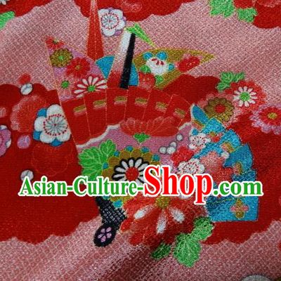 Asian Traditional Classical Paper Crane Fan Pattern Red Tapestry Satin Nishijin Brocade Fabric Japanese Kimono Silk Material