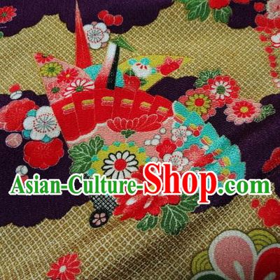 Asian Traditional Classical Paper Crane Fan Pattern Purple Tapestry Satin Nishijin Brocade Fabric Japanese Kimono Silk Material