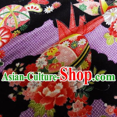 Asian Traditional Classical Paper Crane Peony Pattern Black Tapestry Satin Nishijin Brocade Fabric Japanese Kimono Silk Material