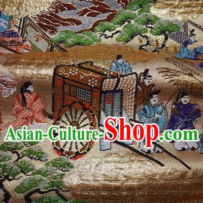 Asian Traditional Classical Genji Monogatari Pattern Golden Tapestry Satin Nishijin Brocade Fabric Japanese Kimono Silk Material