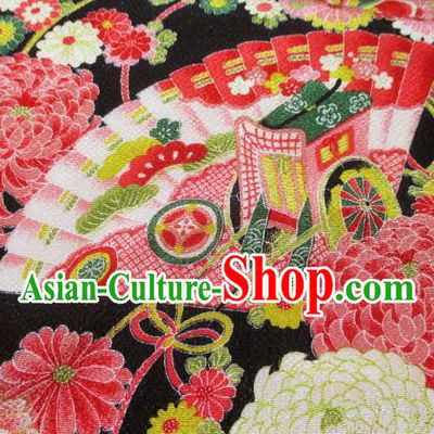 Asian Traditional Classical Chrysanthemum Fan Pattern Black Tapestry Satin Brocade Fabric Japanese Kimono Silk Material