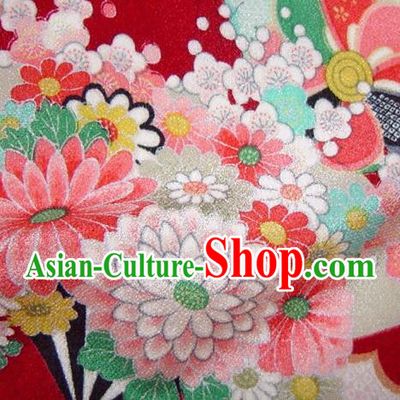 Asian Traditional Classical Flowers Fan Pattern Red Tapestry Satin Brocade Fabric Japanese Kimono Silk Material