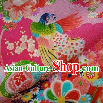 Asian Traditional Classical Peacock Pattern Pink Tapestry Satin Brocade Fabric Japanese Kimono Silk Material